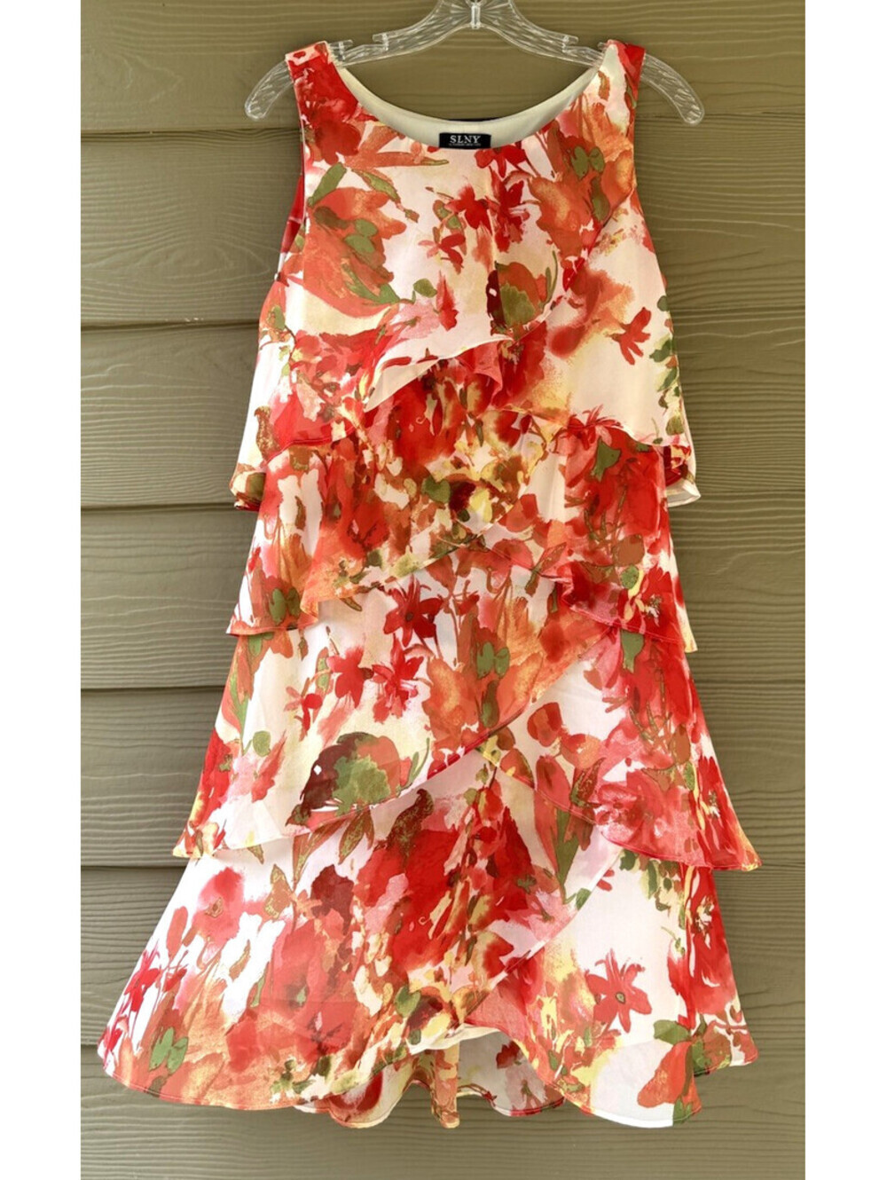 SLNY Women's Red Orange Floral S.L. Fashions Layered Sleeveless Sundress Size 8